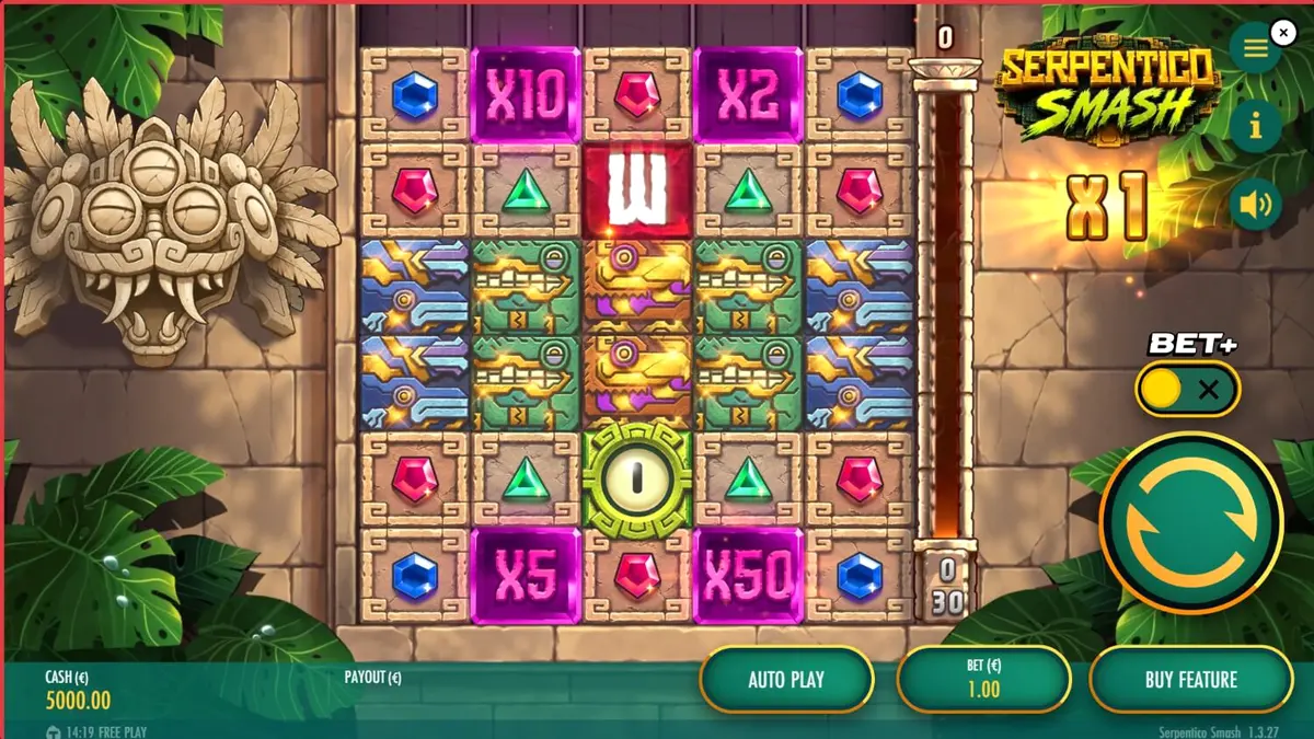 Tampilan visual slot Serpentico Smash dengan latar belakang hutan Aztec dan simbol batu kuno.